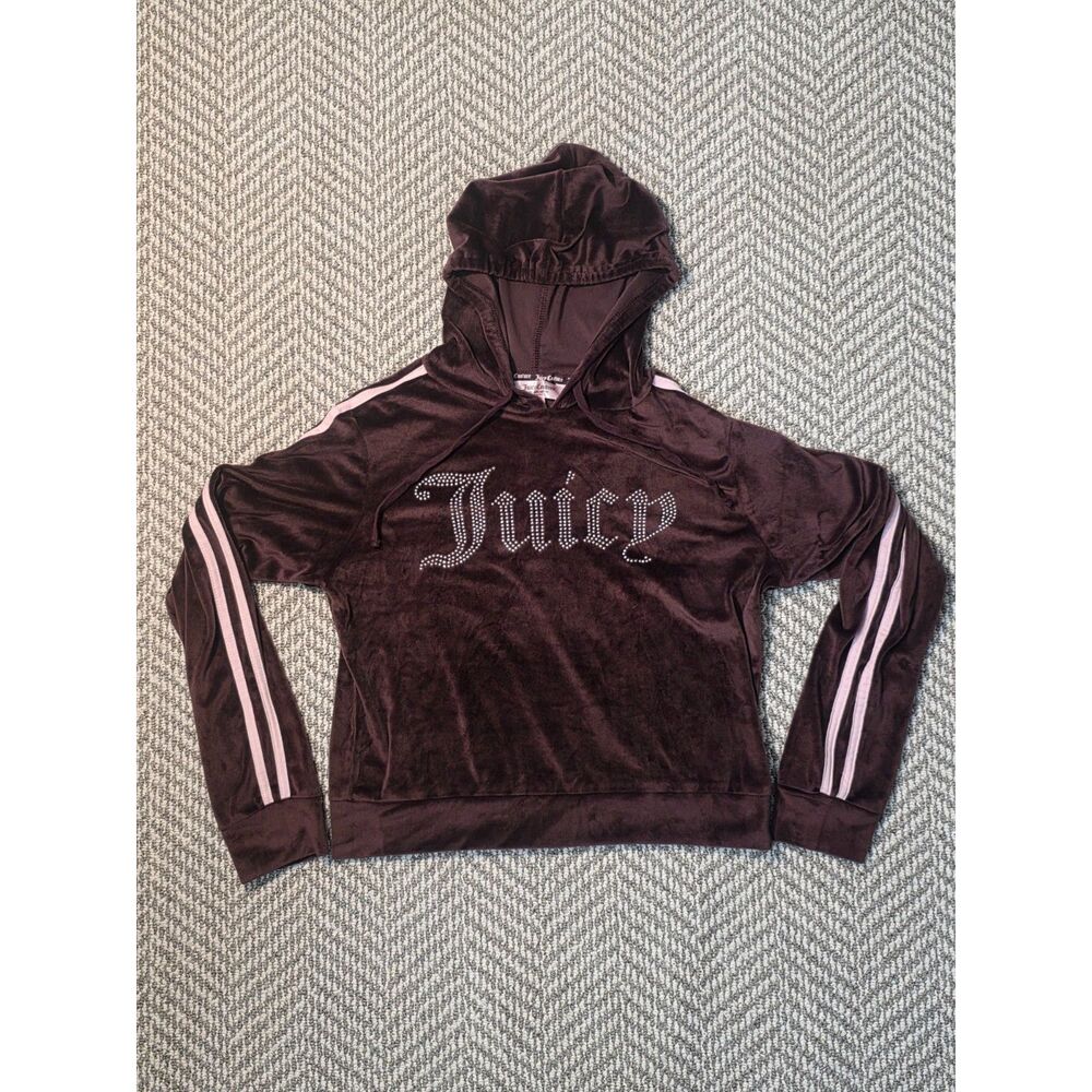 Juicy Couture Women's Small Brown Velour Rhinestone Script Logo Hoodie Size S